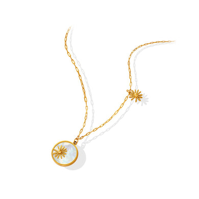 Fashion and Simple Plated Gold 316L Stainless Steel Daisy Geometric Mother-of-pearl Round Pendant with Necklace