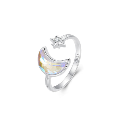 925 Sterling Silver Fashion Simple Moon Star Adjustable Open Ring with Cubic Zirconia