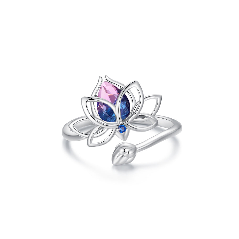 925 Sterling Silver Fashion and Elegant Lotus Adjustable Open Ring with Cubic Zirconia