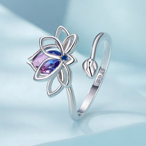 925 Sterling Silver Fashion and Elegant Lotus Adjustable Open Ring with Cubic Zirconia