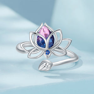 925 Sterling Silver Fashion and Elegant Lotus Adjustable Open Ring with Cubic Zirconia