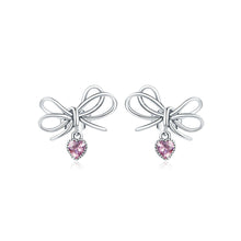 Load image into Gallery viewer, 925 Silver Silver Sweet and Fashion Ribbon Heart Stud Earrings with Cubic Zirconia