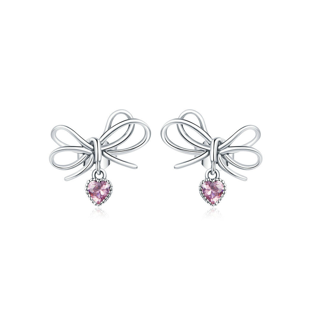 925 Silver Silver Sweet and Fashion Ribbon Heart Stud Earrings with Cubic Zirconia