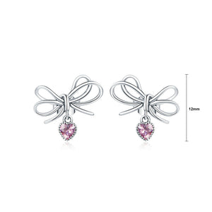 925 Silver Silver Sweet and Fashion Ribbon Heart Stud Earrings with Cubic Zirconia