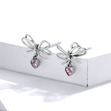 Load image into Gallery viewer, 925 Silver Silver Sweet and Fashion Ribbon Heart Stud Earrings with Cubic Zirconia