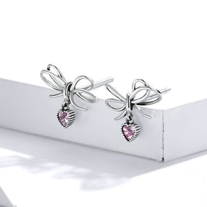 925 Silver Silver Sweet and Fashion Ribbon Heart Stud Earrings with Cubic Zirconia