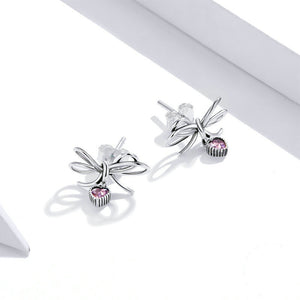 925 Silver Silver Sweet and Fashion Ribbon Heart Stud Earrings with Cubic Zirconia