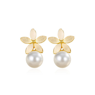 925 Sterling Silver Plated Gold Simple and Elegant Flower Imitation Pearl Stud Earrings