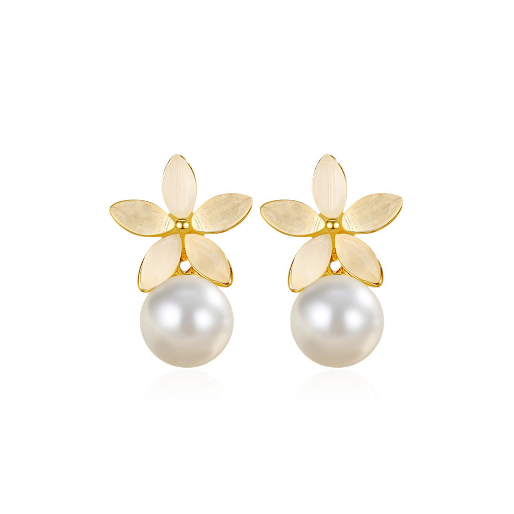 925 Sterling Silver Plated Gold Simple and Elegant Flower Imitation Pearl Stud Earrings