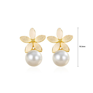 925 Sterling Silver Plated Gold Simple and Elegant Flower Imitation Pearl Stud Earrings