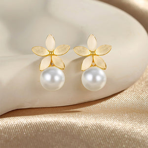 925 Sterling Silver Plated Gold Simple and Elegant Flower Imitation Pearl Stud Earrings