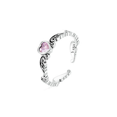 925 Sterling Silver Fashion Vintage Pattern Heart Shape Adjustable Open Ring with Cubic Zirconia