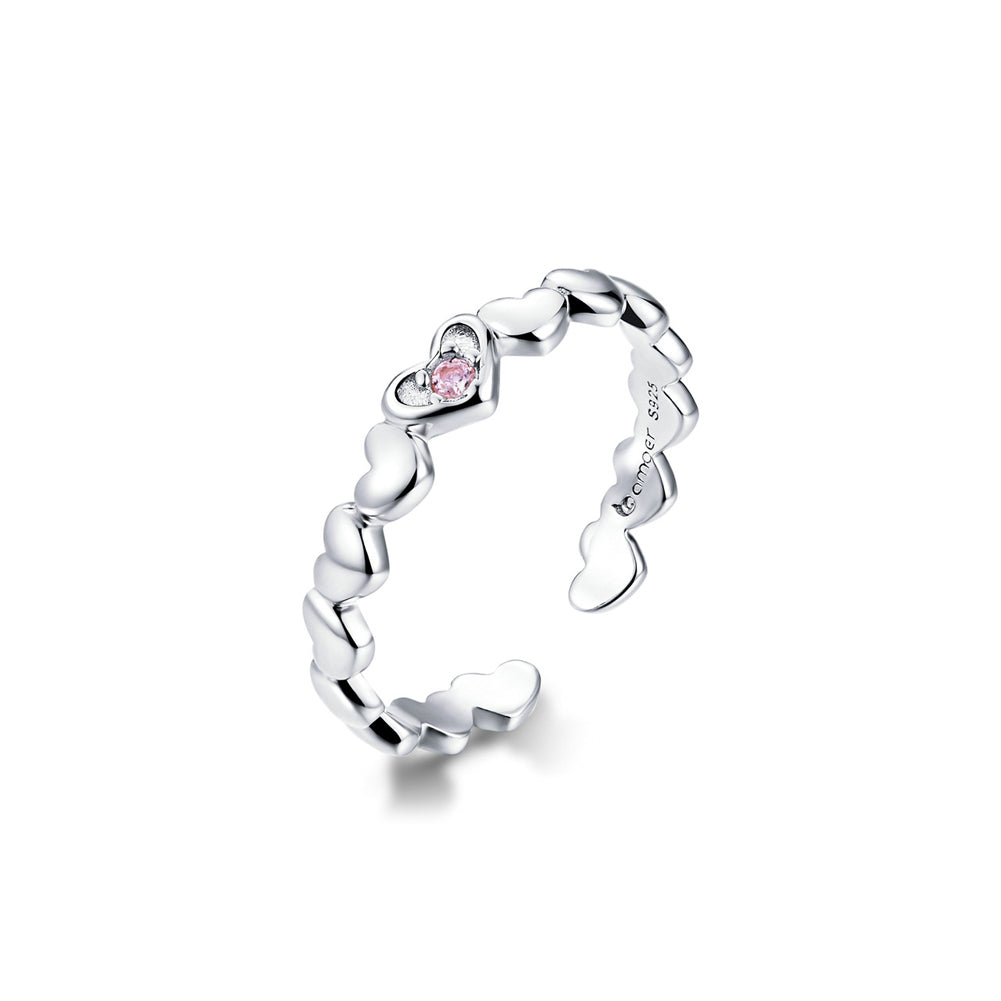 925 Sterling Silver Simple Cute Heart Shape Adjustable Open Ring with Cubic Zirconia