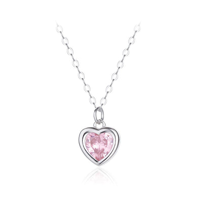 925 Sterling Silver Simple and Sweet Heart-shaped Pendant with Pink Cubic Zirconia and Necklace