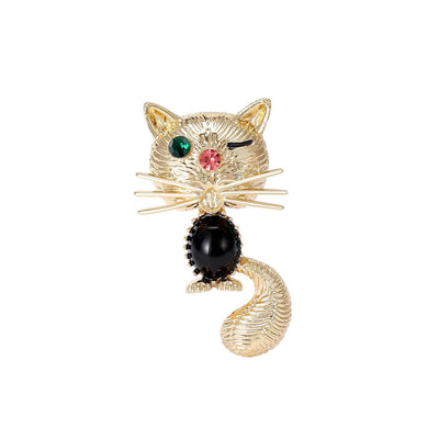 Simple and Cute Plated Gold Cat Imitation Black Agate Brooch with Cubic Zirconia