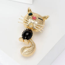 Load image into Gallery viewer, Simple and Cute Plated Gold Cat Imitation Black Agate Brooch with Cubic Zirconia