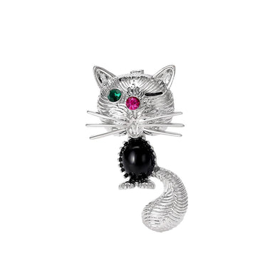 Simple and Cute Cat Imitation Black Agate Brooch with Cubic Zirconia