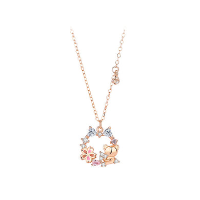 925 Sterling Silver Plated Rose Gold Fashion Sweet Bear Flower Pendant with Cubic Zirconia and Necklace