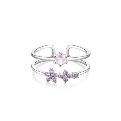 925 Sterling Silver Fashion Simple Flower Double Layer Adjustable Open Ring with Cubic Zirconia