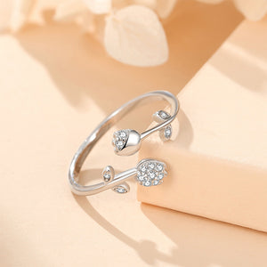 925 Sterling Silver Simple Temperament Tulip Adjustable Open Ring with Cubic Zirconia