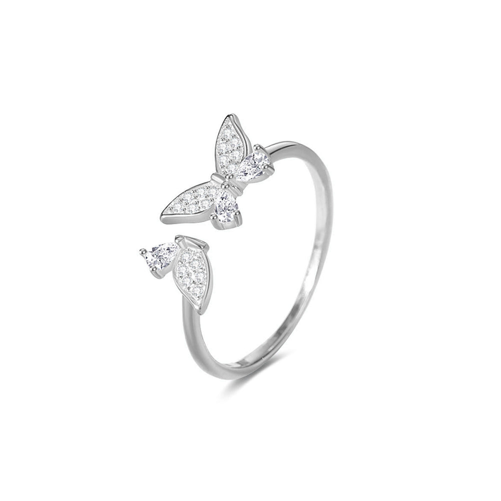 925 Sterling Silver Simple and Cute Butterfly Adjustable Open Ring with Cubic Zirconia