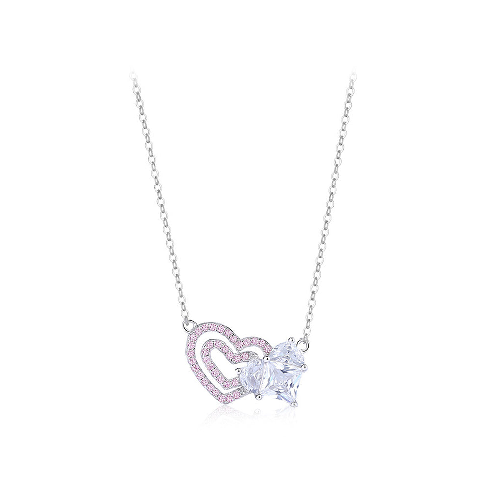 925 Sterling Silver Fashion and Romantic Double Heart-shaped Pendant with Pink Cubic Zirconia and Necklace