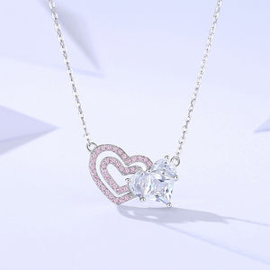 925 Sterling Silver Fashion and Romantic Double Heart-shaped Pendant with Pink Cubic Zirconia and Necklace