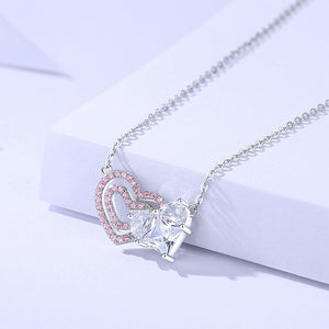 925 Sterling Silver Fashion and Romantic Double Heart-shaped Pendant with Pink Cubic Zirconia and Necklace