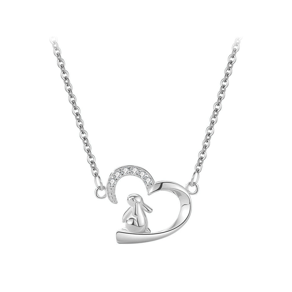 925 Sterling Silver Fashion Sweet Rabbit Heart-shaped Pendant with Cubic Zirconia and Necklace