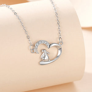 925 Sterling Silver Fashion Sweet Rabbit Heart-shaped Pendant with Cubic Zirconia and Necklace