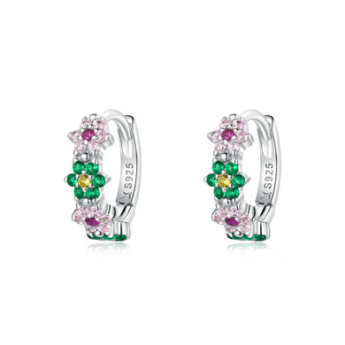 925 Sterling Silver Fashion Sweet Colorful Flower Earrings with Cubic Zirconia